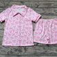 Adult Women Short Sleeves Pink Bows Buttons Tops Shorts Pajamas Set