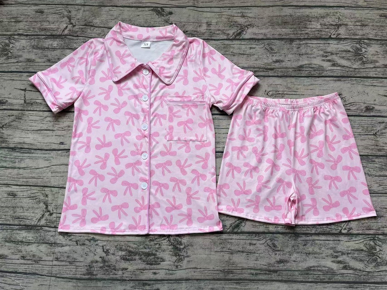 Adult Women Short Sleeves Pink Bows Buttons Tops Shorts Pajamas Set