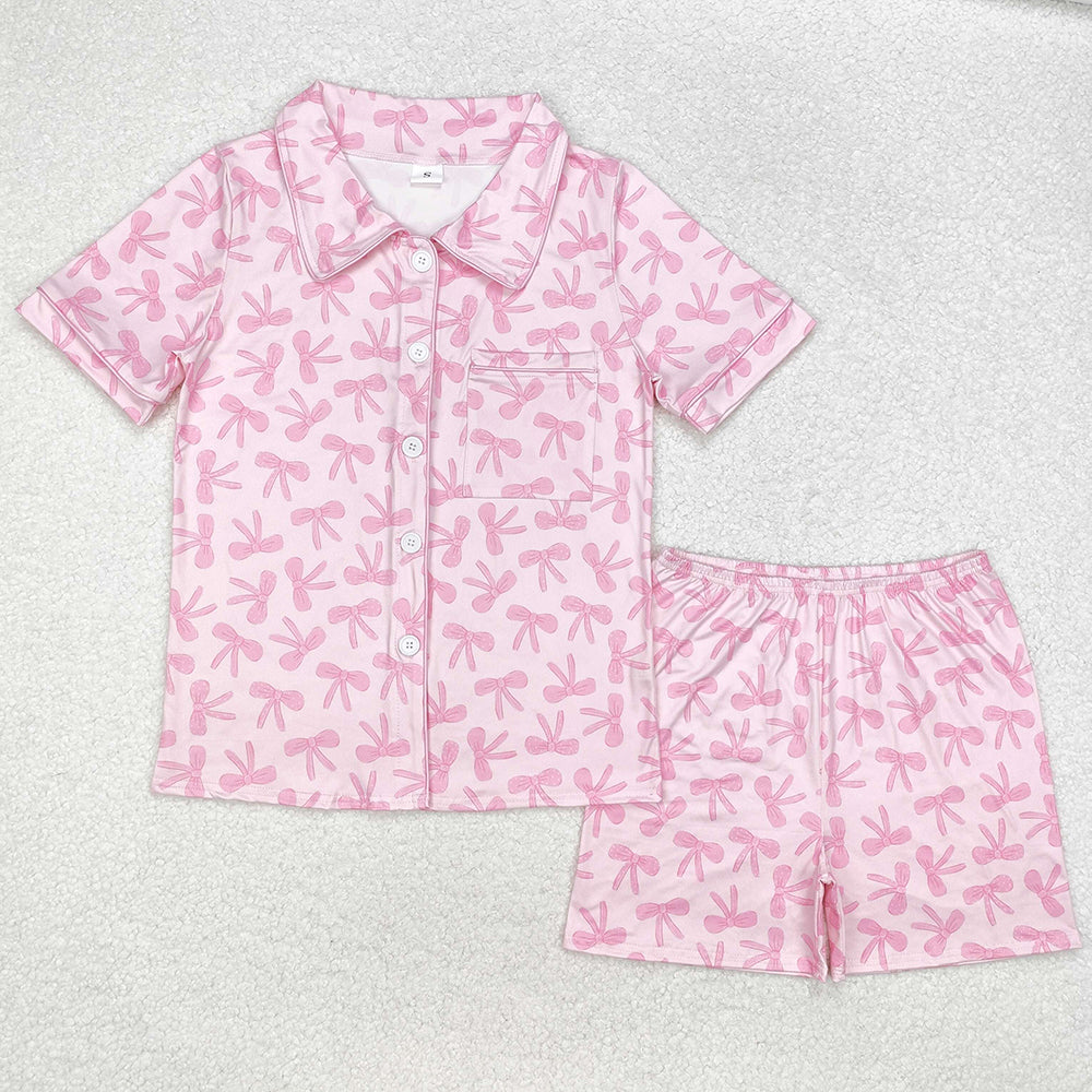 Adult Women Short Sleeves Bows Pocket Buttons Shirt Shorts Pajamas Set RTS
