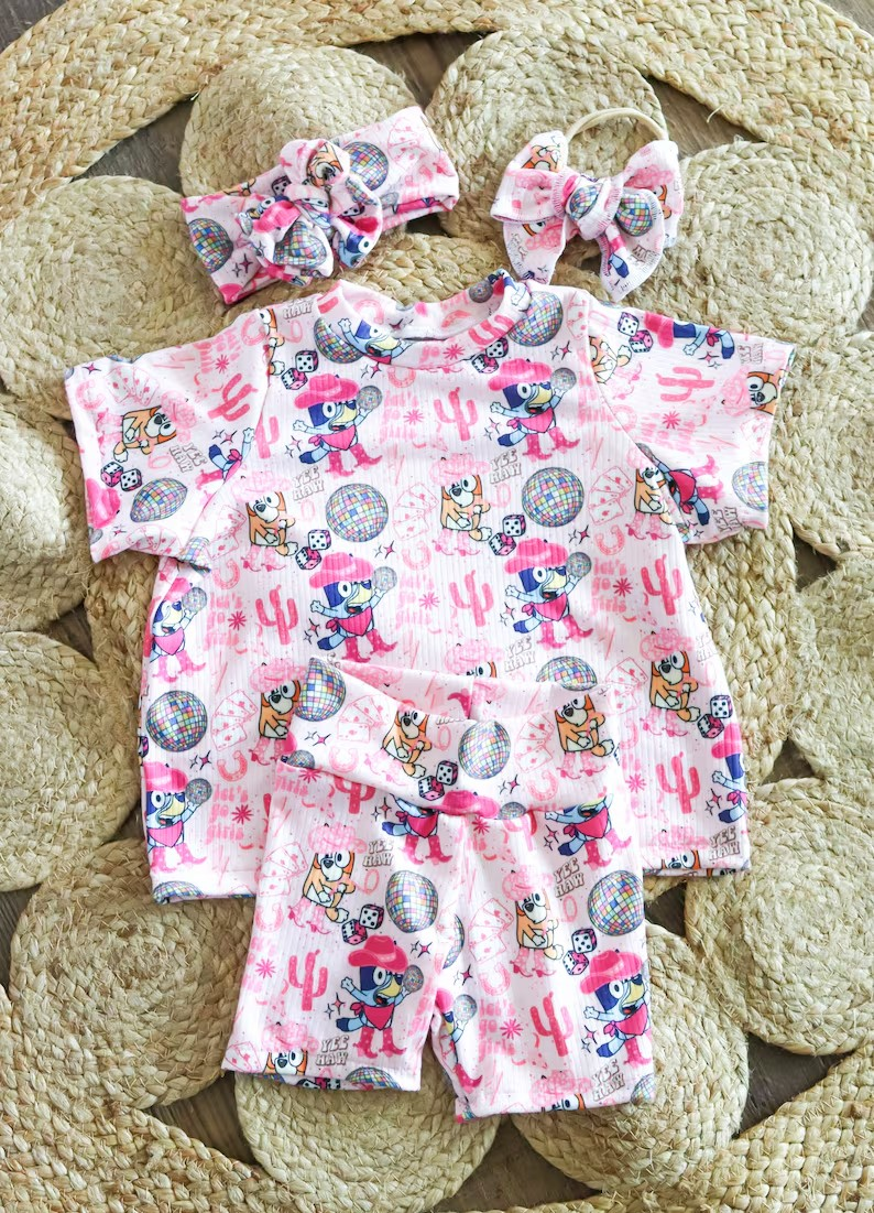 Preorder Baby Girl Short Sleeves Dog Cactus Shirt Shorts Clothes Western Pink Set