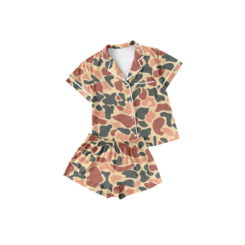 Preorder Baby Girl Short Sleeves Camo Buttons Shirt Shorts Pajamas Clothes Hunting Set