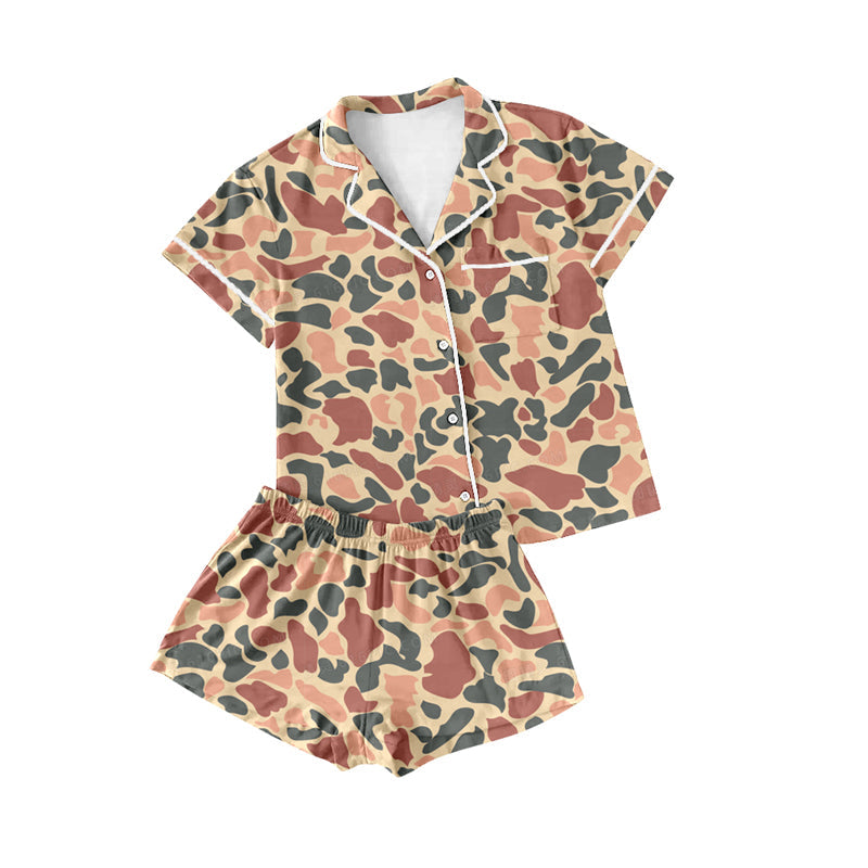 Preorder Adult Women Short Sleeves Camo Buttons Shirt Shorts Pajamas Clothes Hunting Set