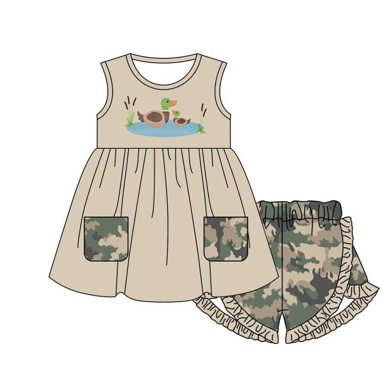 Preorder Baby Girl Sleeveless Duck Pockets Tunic Camo Shorts Clothes Set