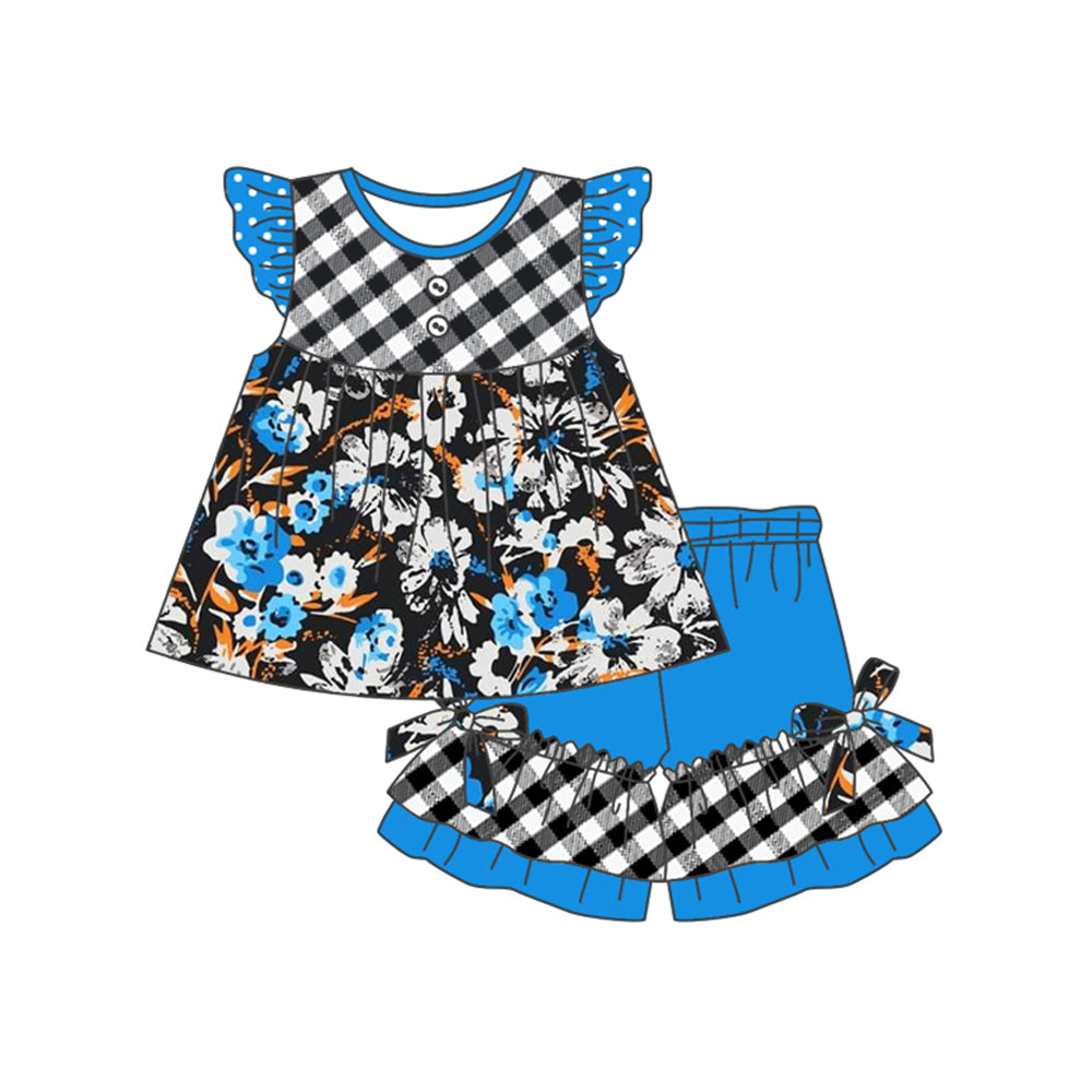 Preorder Baby Girl Short Sleeves Plaid Flower Tunic Ruffle Shorts Clothes Set