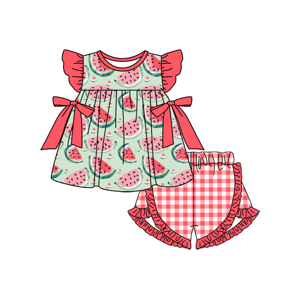 Preorder Baby Girl Short Sleeves Summer Watermelon Bows Tops Plaid Ruffle Shorts Clothes Set