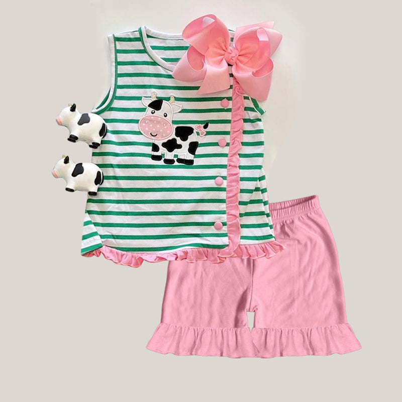 Preorder Baby Girl Sleeveless Green Stripes Cow Shirt Ruffle Pink Shorts Clothes Set