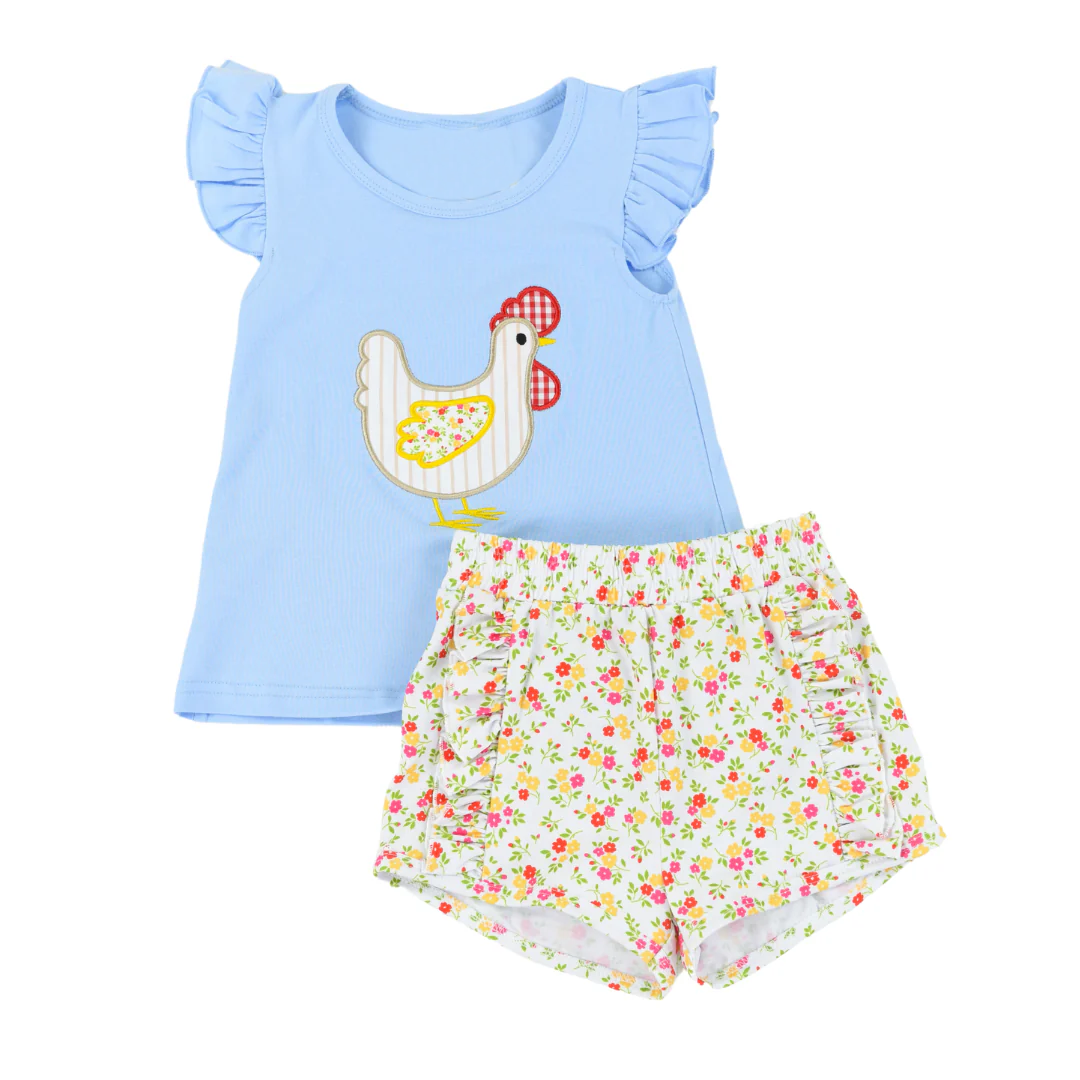 Preorder Baby Girl Blue Short Sleeves Chicken Tunic Ruffle Floral Shorts Clothes Set
