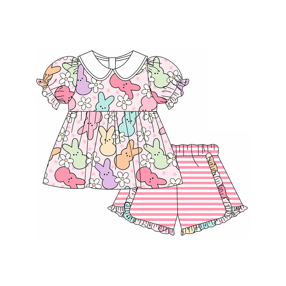 Preorder Baby Girl Short Sleeves Easter Rabbit Flower Tunic Ruffle Pink Plaid Shorts Clothes Set