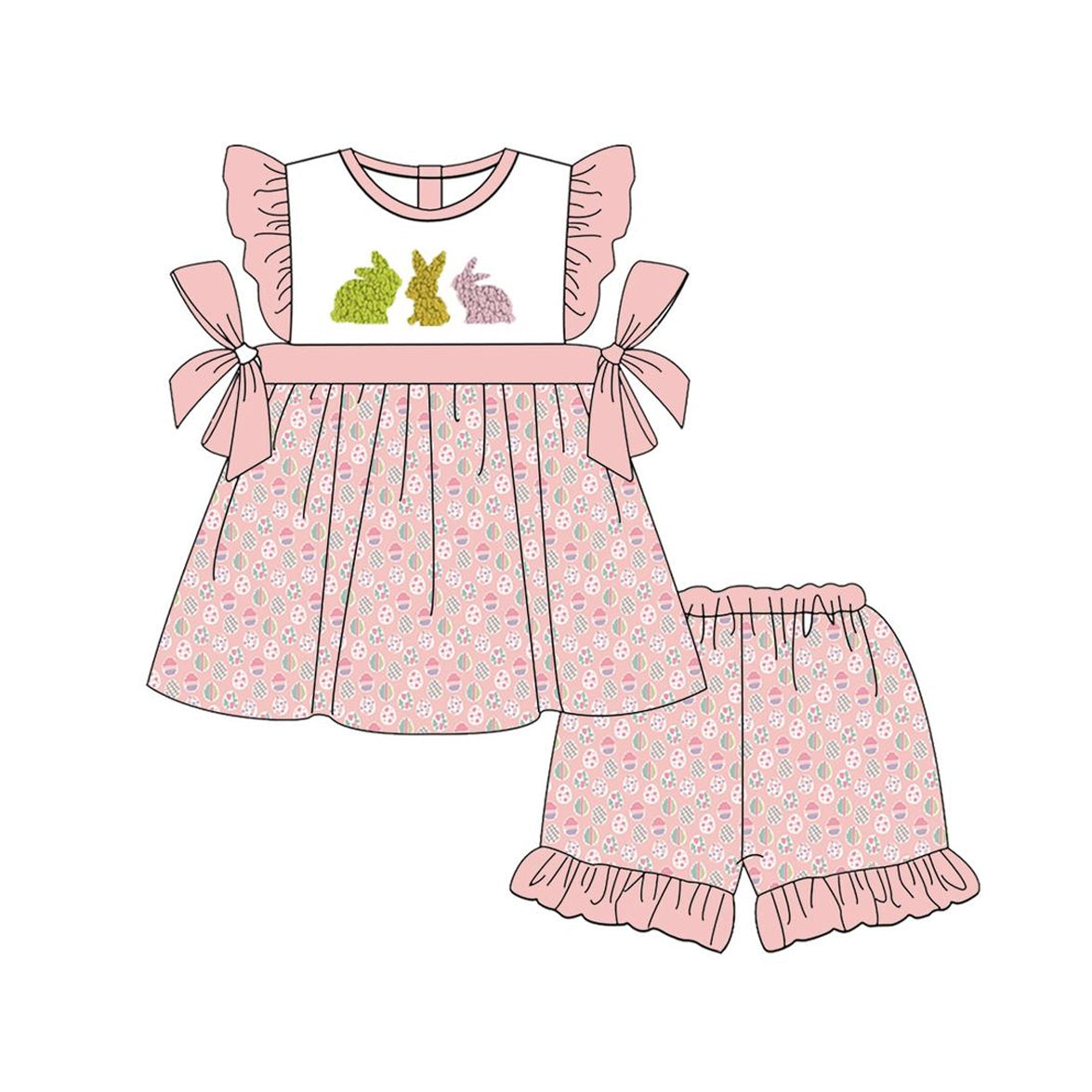 Preorder Baby Girl Short Sleeves Easter Eggs Rabbit Bows Tunic Ruffle Shorts Clothes Set