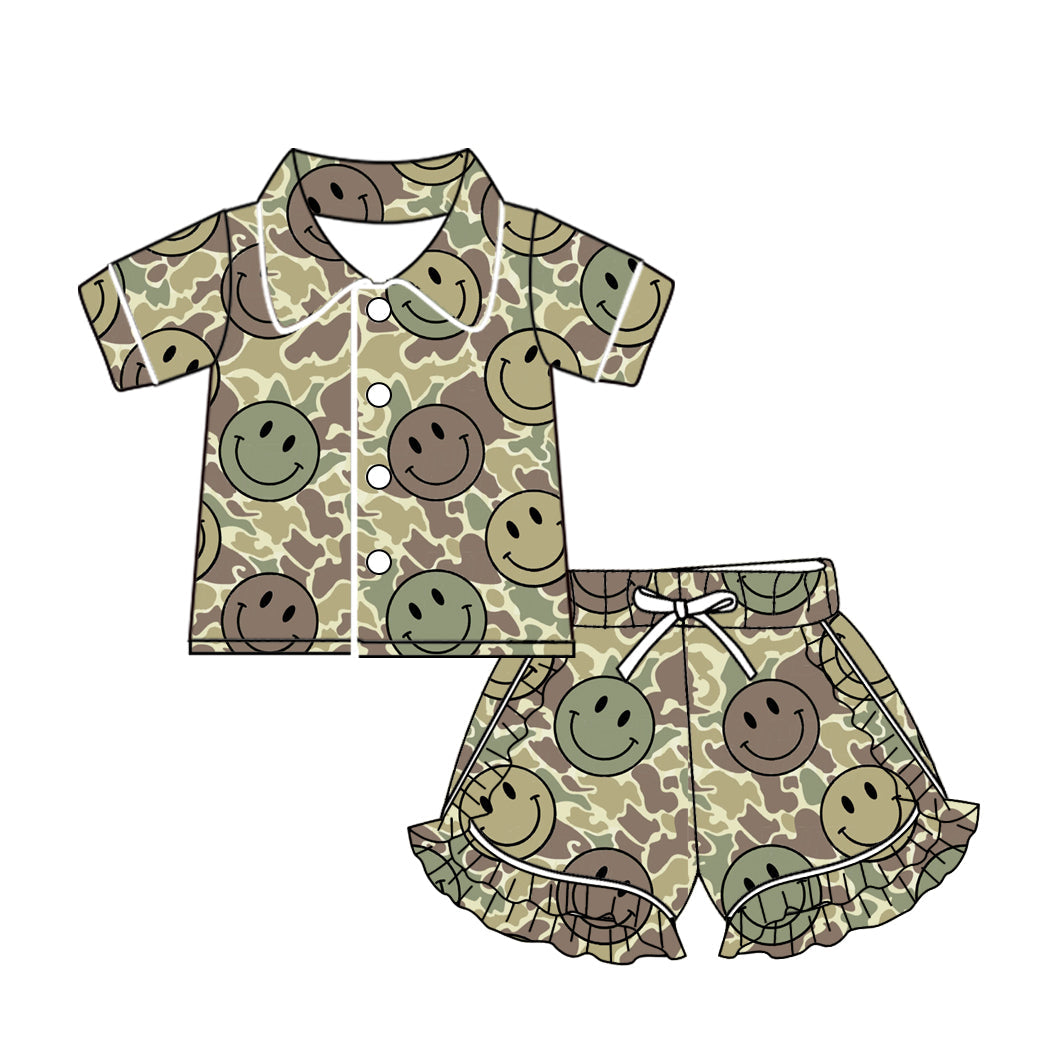 Preorder Baby Girl Short Sleeves Camo Smile Buttons Shirt Ruffle Shorts Pajamas Clothes Green Set