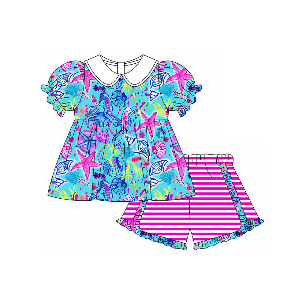Preorder Baby Girl Short Sleeves Sea Stars Tunic Tops Ruffle Stripes Shorts Clothes Set