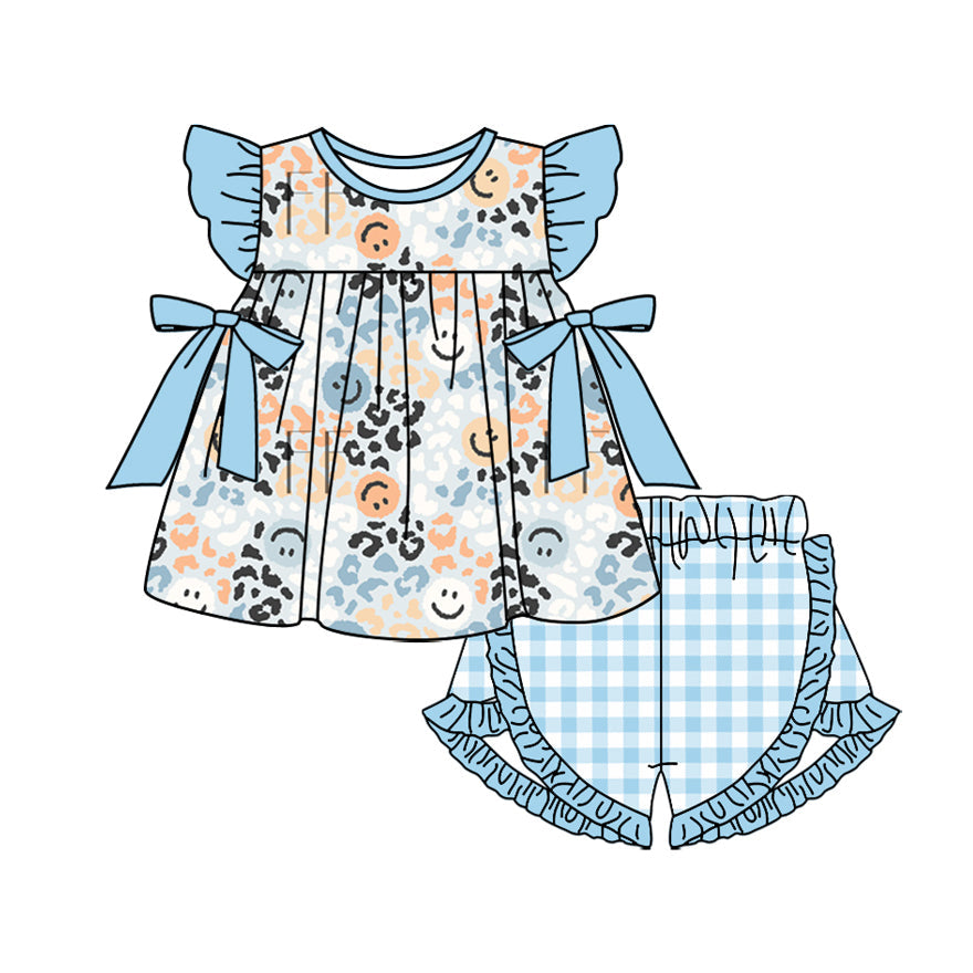 Preorder Baby Girl Short Sleeves Leopard Smile Bows Tops Blue Plaid Ruffle Shorts Clothes Set