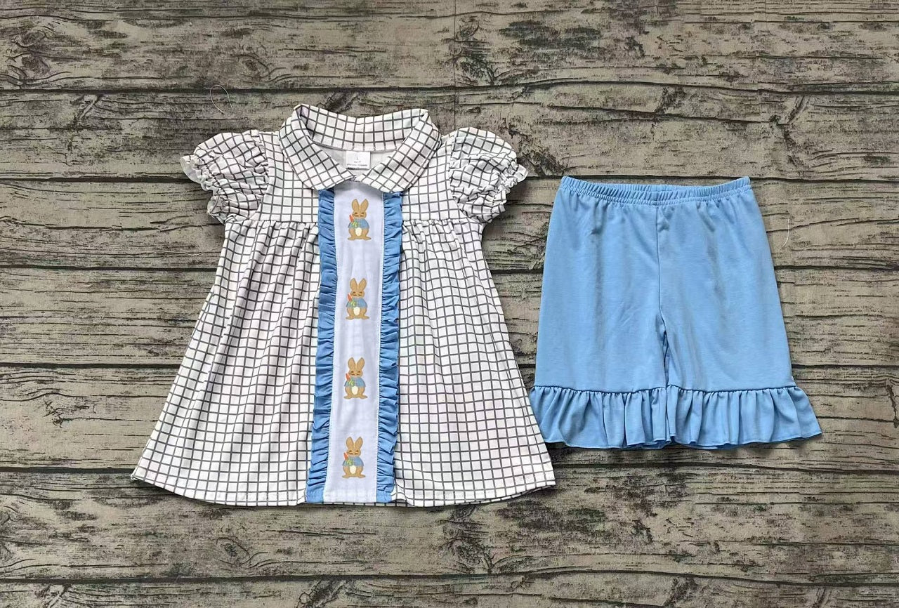 Preorder Baby Girl Short Sleeves Embroidery Easter Rabbit Plaid Tops Ruffle Blue Shorts Clothes Set