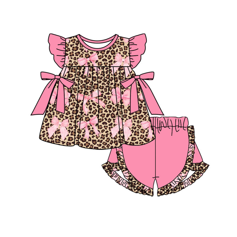 Preorder Baby Girl Infant Short Sleeves Leopard Bows Tops Pink Shorts Set