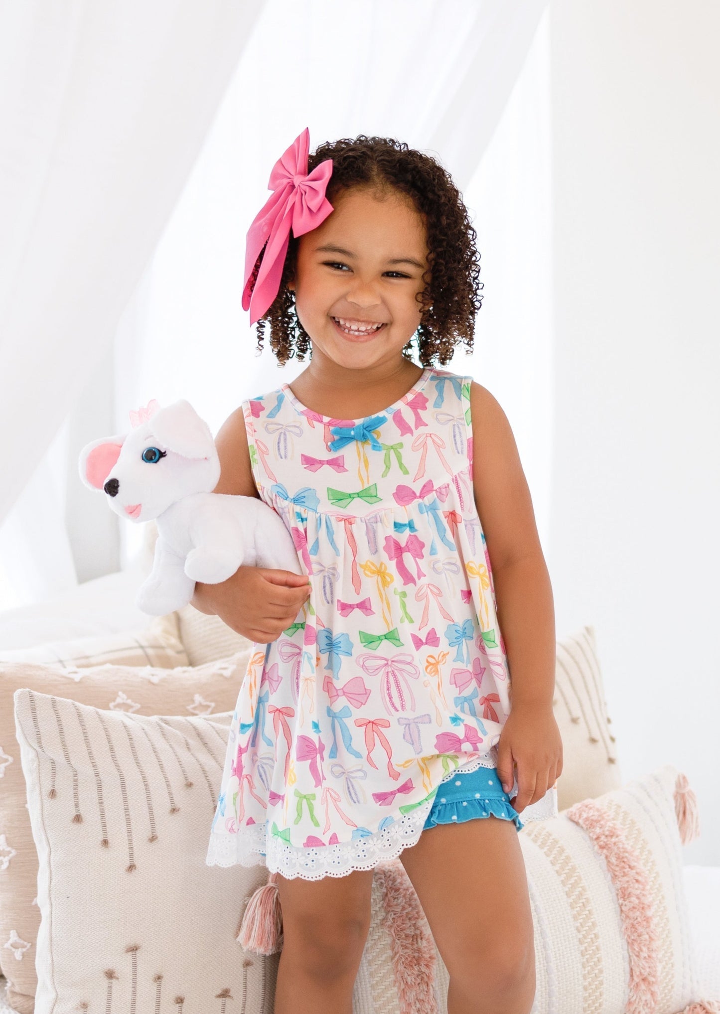 Preorder Baby Girl Colorful Bows Tunic Summer Shorts Clothes Set