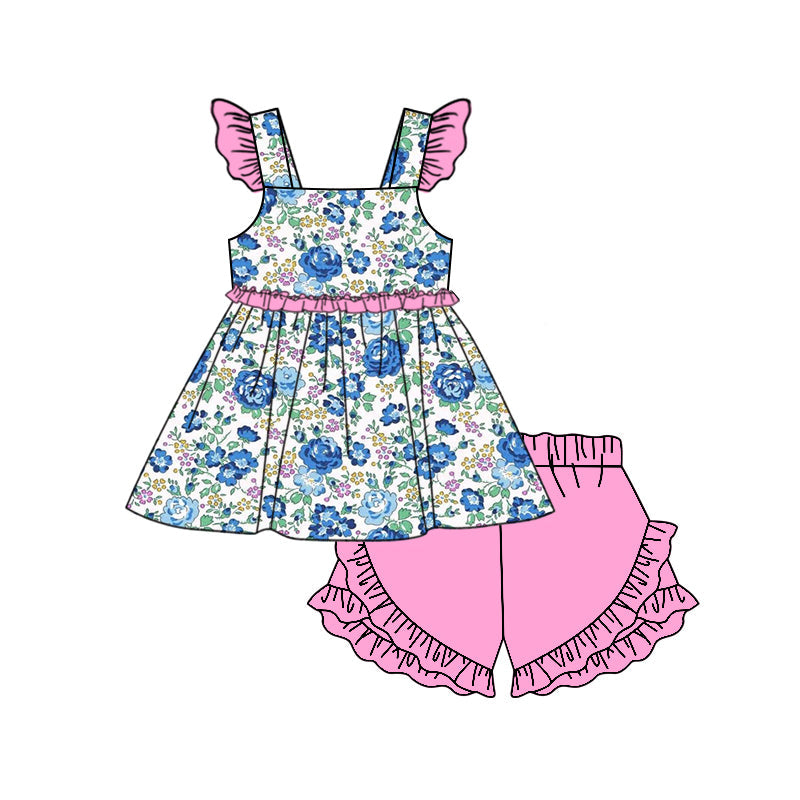 Preorder Baby Girl Short Sleeves Blue Flower Tunic Ruffle Shorts Clothes Set
