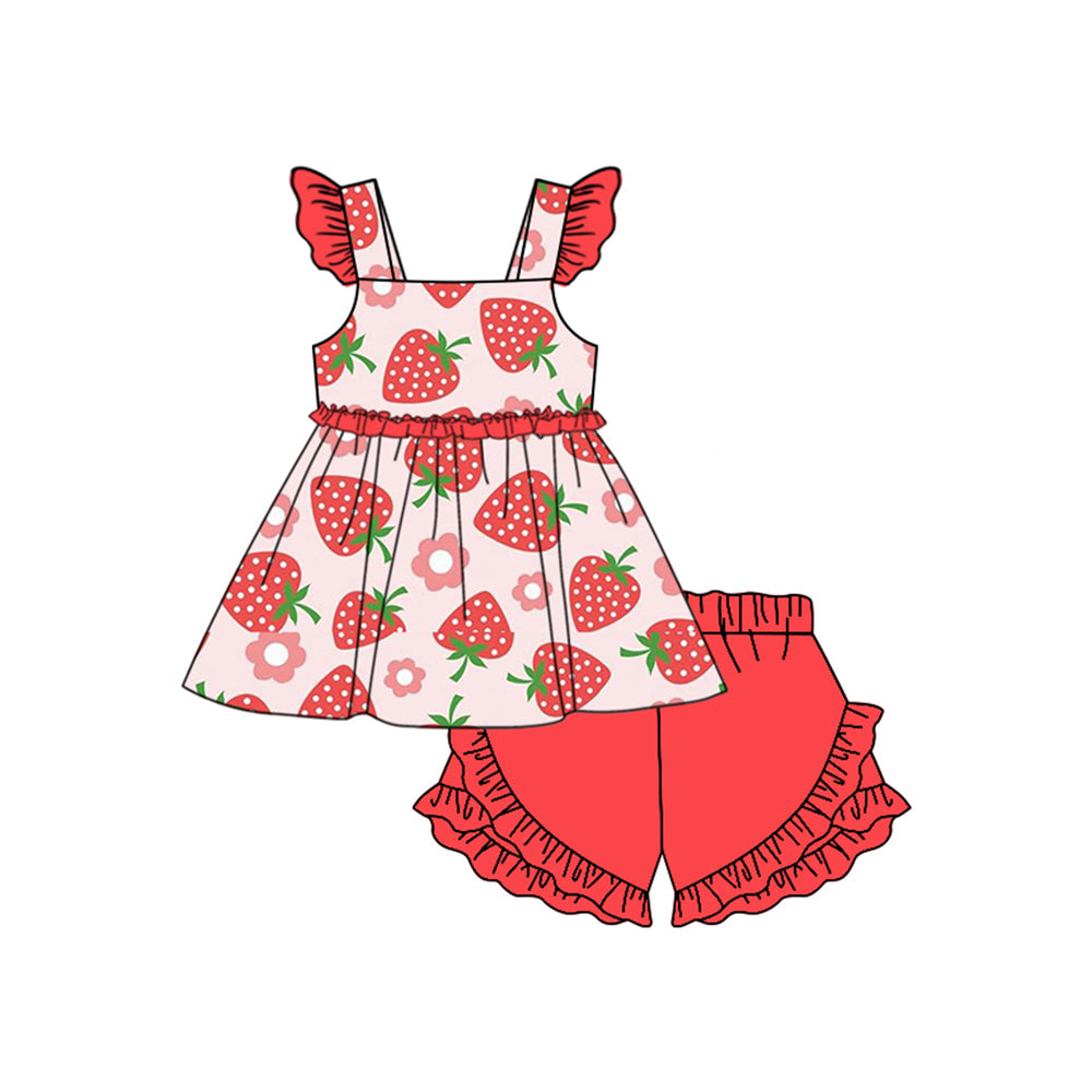 Preorder Baby Girl Short Sleeves Flower Strawberry Tunic Ruffle Shorts Clothes Set