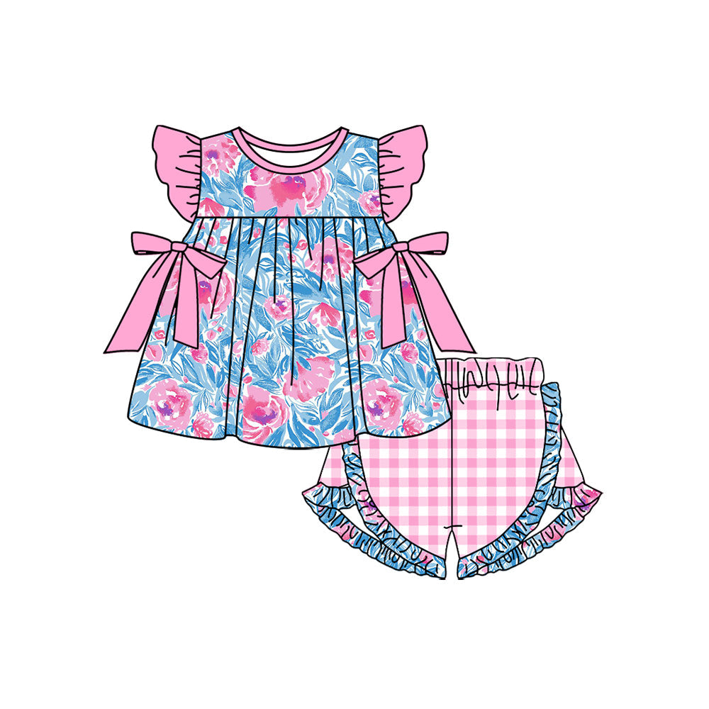 Preorder Baby Girl Short Sleeves Flower Bows Tunic Summer Plaid Shorts Clothes Set