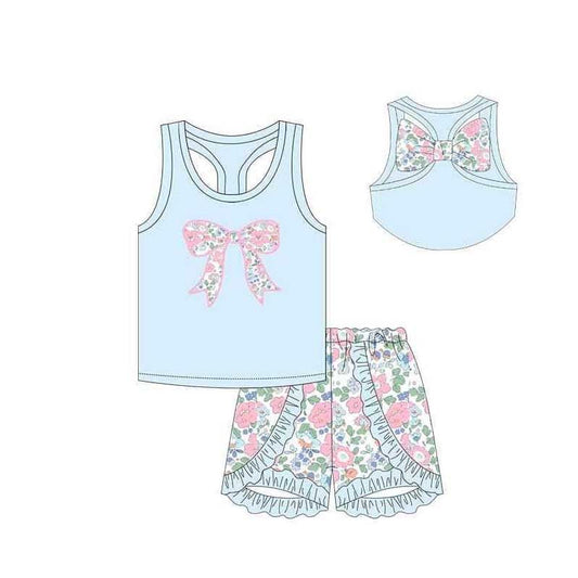 Preorder Baby Girl Sleeveless Bow Blue Tops Floral Ruffle Shorts Clothes Set