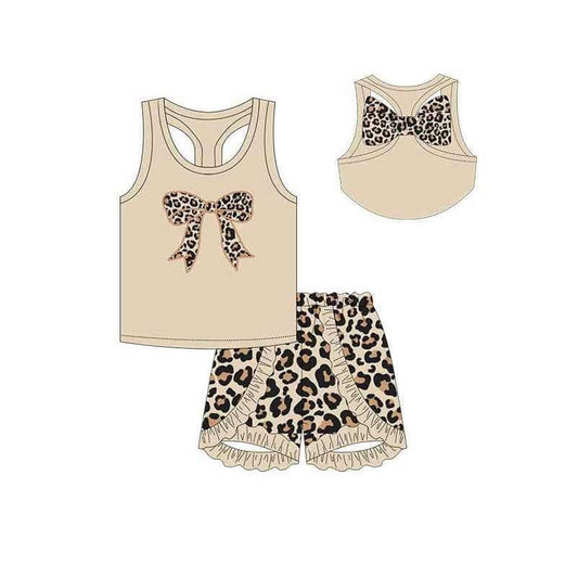 Preorder Baby Girl Sleeveless Khaki Bow Tops Leopard Ruffle Shorts Clothes Set