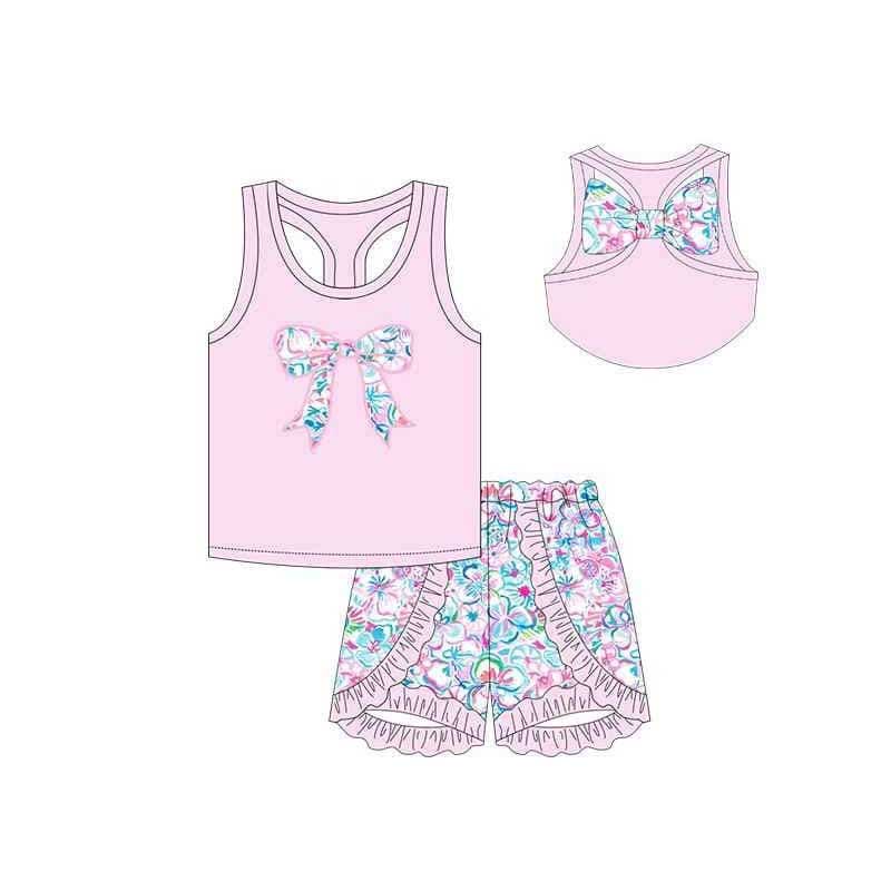 Preorder Baby Girl Sleeveless Bow Pink Tops Flower Ruffle Shorts Clothes Set