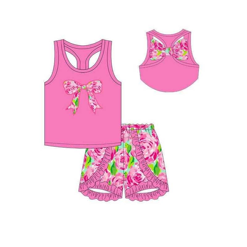 Preorder Baby Girl Sleeveless Bow Dark Pink Tops Flower Ruffle Shorts Clothes Set