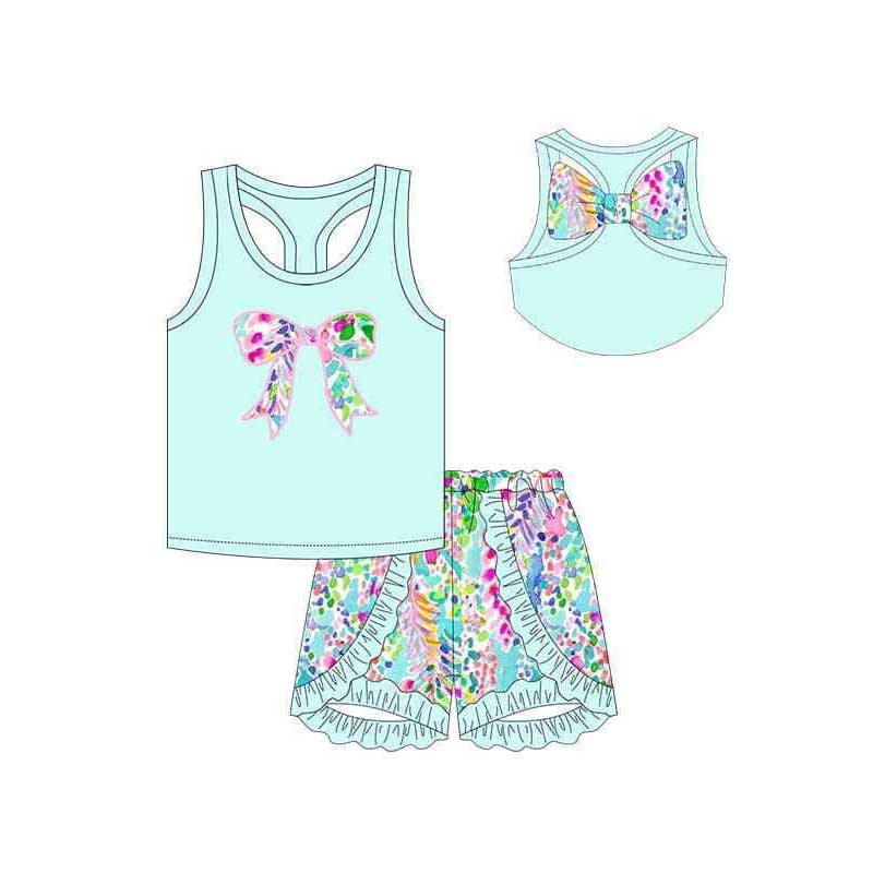 Preorder Baby Girl Sleeveless Bow Green Tops Flower Ruffle Shorts Clothes Set