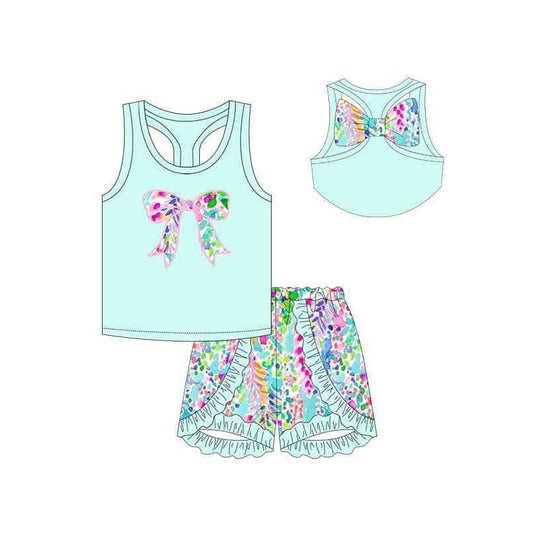 Preorder Baby Girl Sleeveless Bow Green Tops Flower Ruffle Shorts Clothes Set