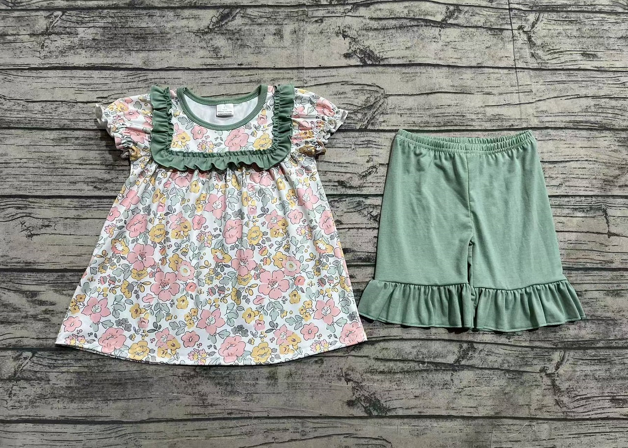 Baby Boy Short Sleeves Floral Tunic Green Cotton Shorts Clothes Set