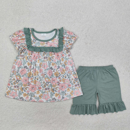 Baby Girl Short Sleevse Flower Tunic Cotton Ruffle Shorts Sibling Summer Clothes Set RTS