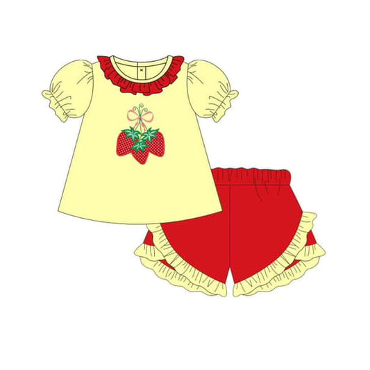 Preorder Baby Girl Short Sleeves Strawberry Bows Tunic Ruffle Shorts Clothes Set