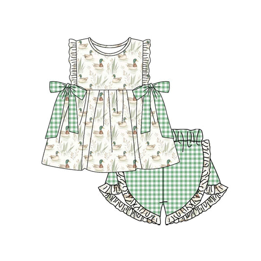 Preorder Baby Girl Ducks Bows Tunic Green Plaid Shorts Clothes Set