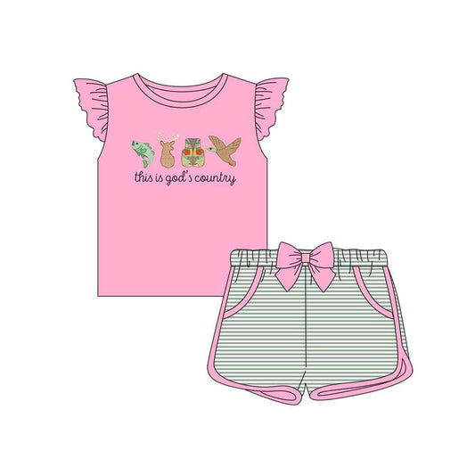 Preorder Baby Girl Short Sleeves God Country Pink Shirt Stripes Pocket Shorts Clothes Hunting Set