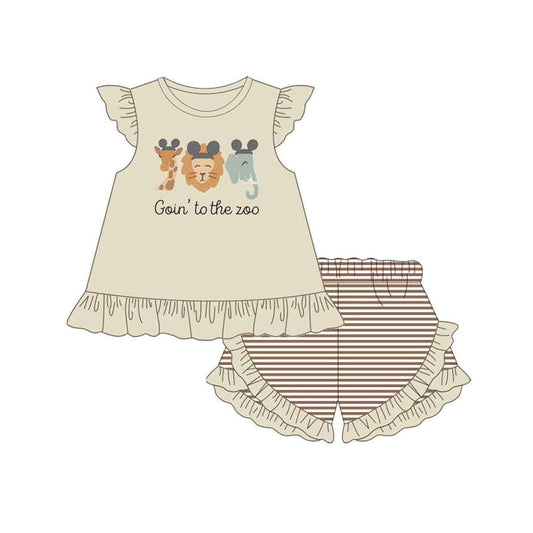 Preorder Baby Girl Short Sleeves Go To The Zoo Animal Tunic Ruffle Stripes Shorts Clothes Set