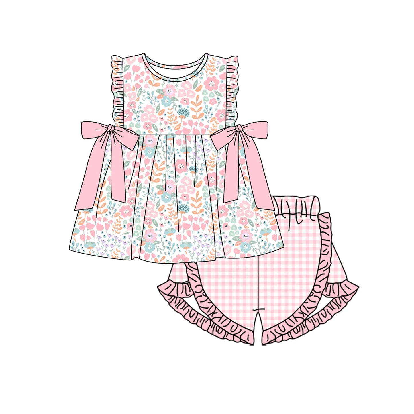 Preorder Baby Girl Floral Bows Tunic Pink Ruffle Shorts Clothes Set