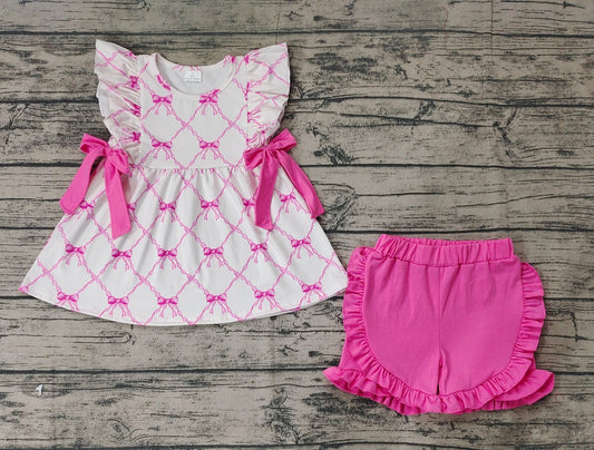 Preorder Baby Girl Pink Bows Tunic Ruffle Shorts Clothes Set