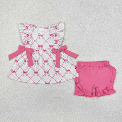 Baby Girl Short Sleeves Pink Bows Sibling Sister Romper Clothes Set