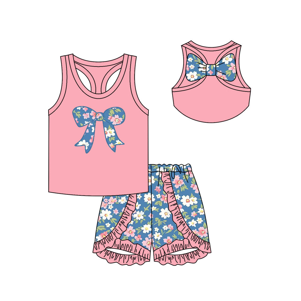 Preorder Baby Girl Sleeveless Bows Pink Tops Flower Shorts Clothes Set