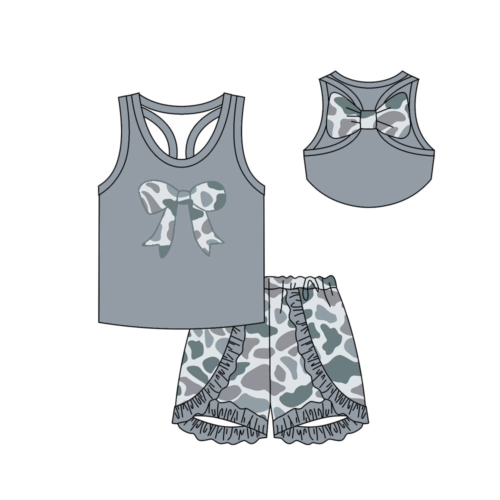 Preorder Baby Girl Sleeveless Bows Tops Grey Camo Shorts Clothes Set