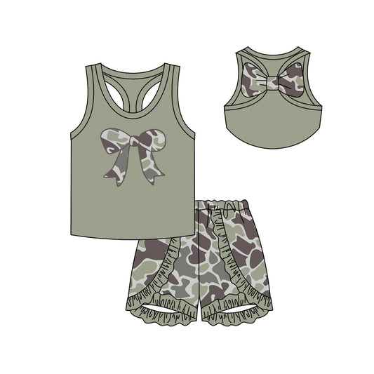 Preorder Baby Girl Sleeveless Bows Tops Green Camo Ruffle Shorts Clothes Set