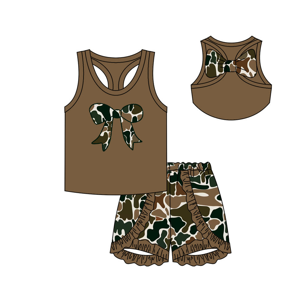 Preorder Baby Girl Sleeveless Bows Tops Brown Camo Shorts Clothes Set