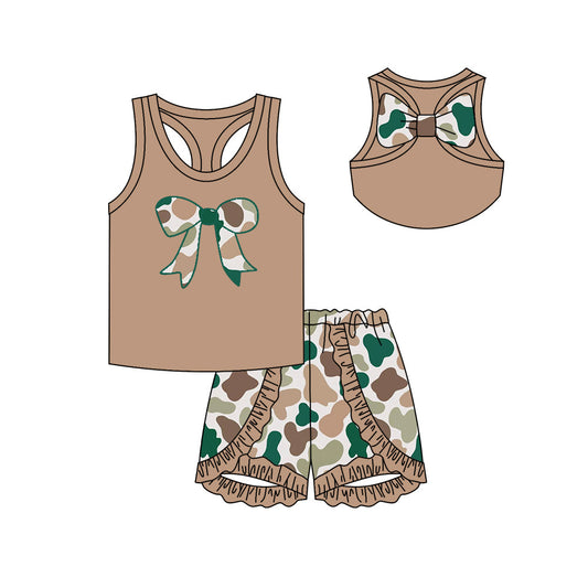 Preorder Baby Girl Sleeveless Bows Khaki Tops Camo Shorts Clothes Set