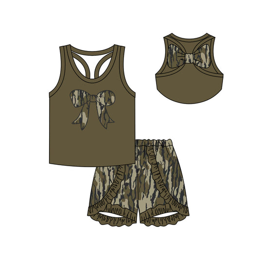 Preorder Baby Girl Sleeveless Bows Tops Camo Shorts Clothes Set