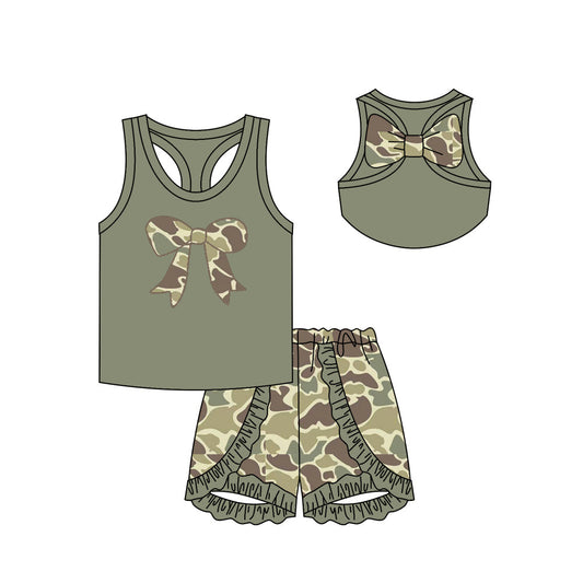 Preorder Baby Girl Sleeveless Bows Tops Green Camo Shorts Clothes Set