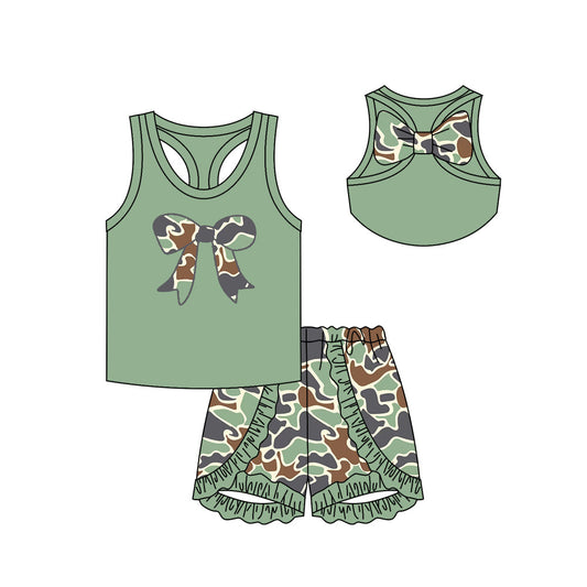 Preorder Baby Girl Sleeveless Bows Green Tops Camo Shorts Clothes Set