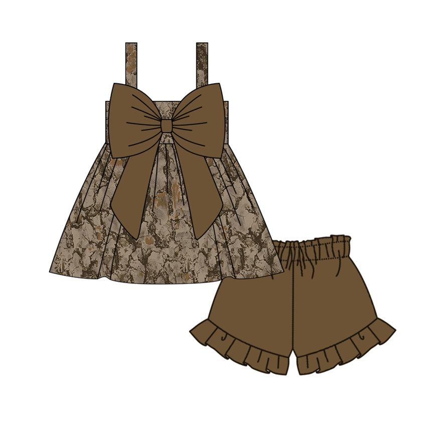 Preorder Baby Girl Brown Camo Bow Tunic Ruffle Shorts Clothes Set