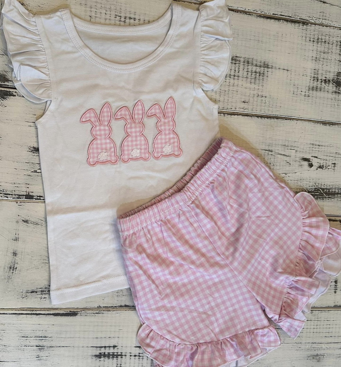 Preorder Baby Girl Short Sleeves Easter Rabbit Shirt Ruffle Shorts Clothes Set