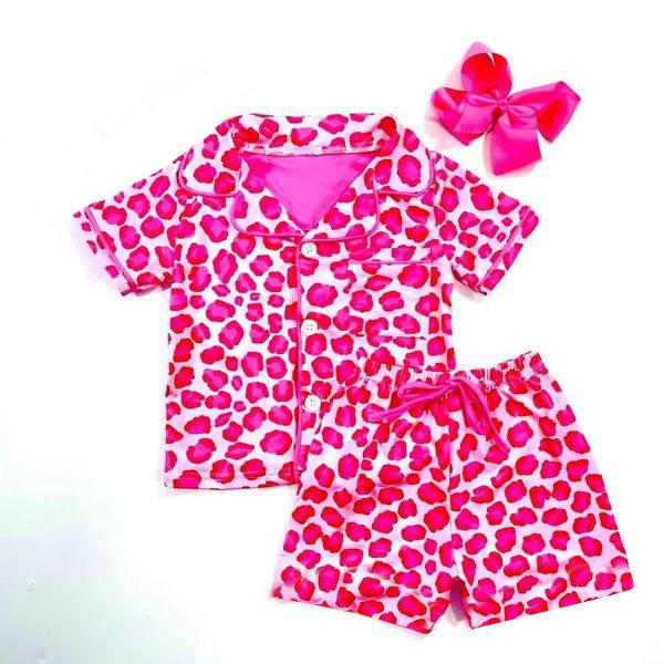 Preorder Baby Girl Short Sleeves Pink Leopard Button up Shirt Shorts Pajamas Clothes Set