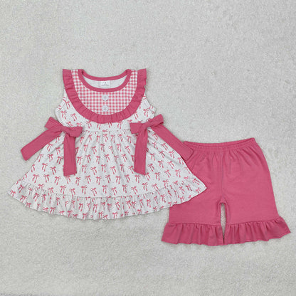 Baby Girl Sleeveless Pink Bows Sibling Romper Clothes Set