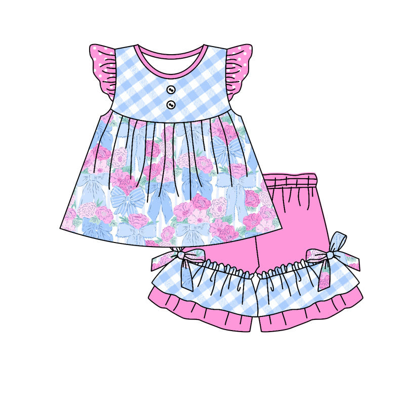 Preorder Baby Girl Short Sleeves Plaid Flower Bows Tunic Ruffle Shorts Clothes Set